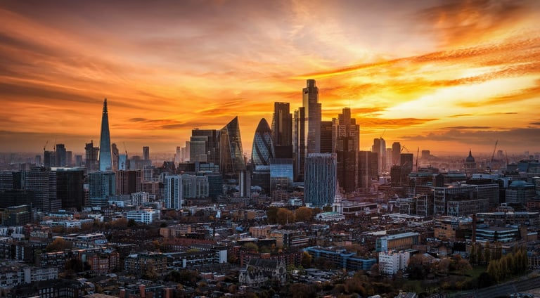 Panoramic sunset view of London skyline with golden sunlight