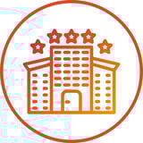 Five-star hotel icon with an orange building facade and stars above it in a circular outline